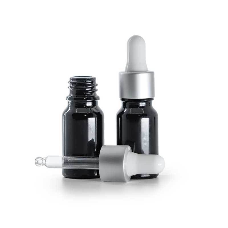 Flacone in vetro, nero lucido, contagocce argento opaco, 10 ml