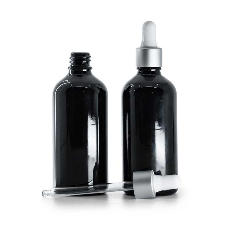 Flacone in vetro, nero lucido, contagocce argento opaco, 100 ml