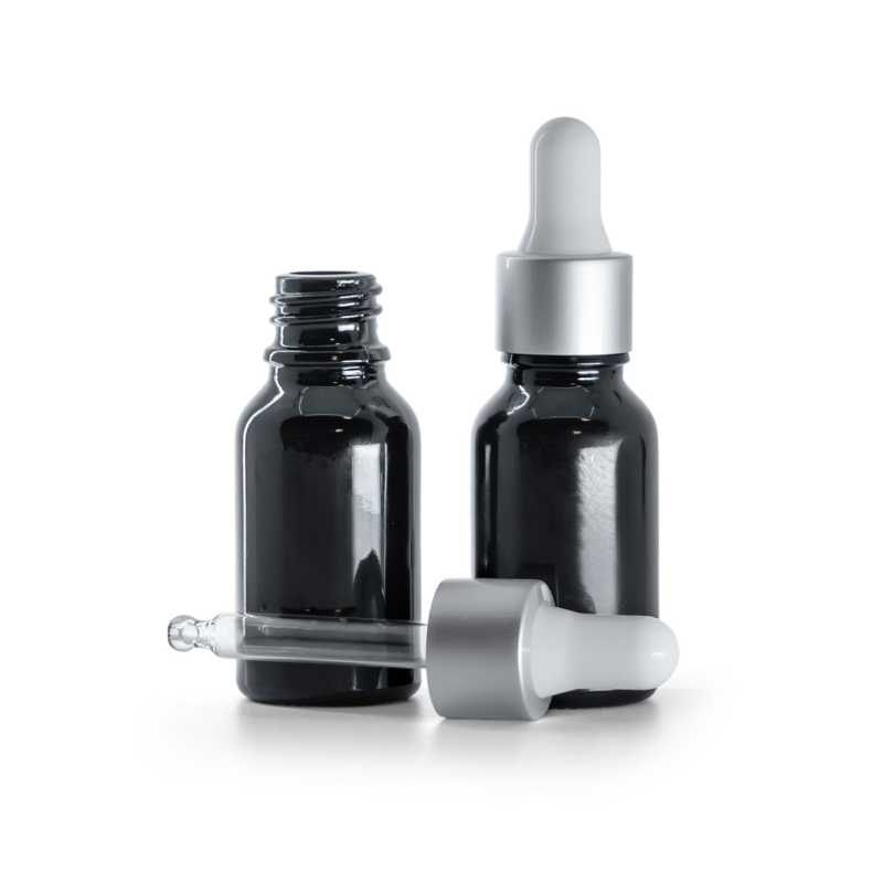 Flacone in vetro, nero lucido, contagocce argento opaco, 15 ml