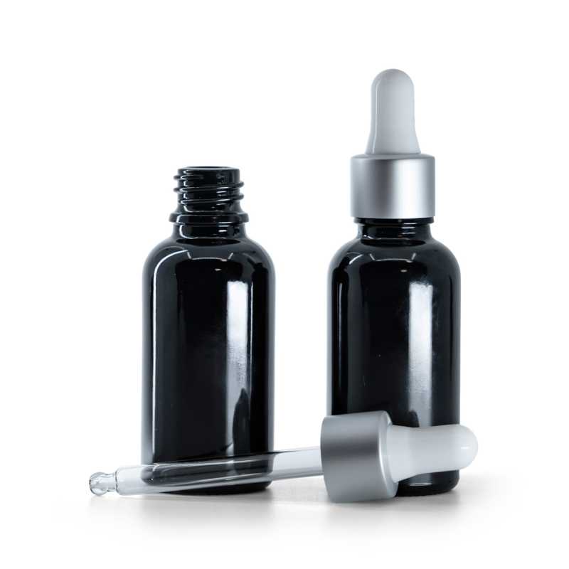 Flacone in vetro, nero lucido, contagocce argento opaco, 30 ml