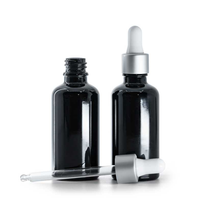 Bottiglia in vetro, nero lucido, contagocce argento opaco, 50 ml
