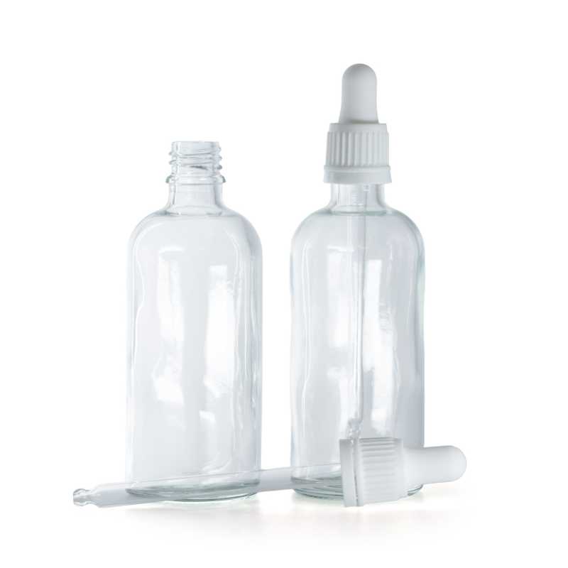 Flacone in vetro, trasparente, contagocce bianco, 100 ml