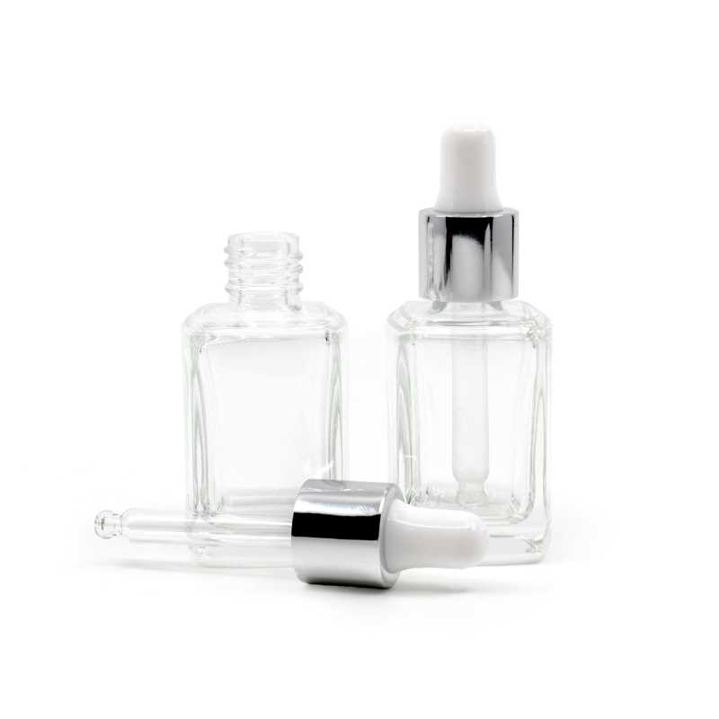 Flacone in vetro quadrato, trasparente, contagocce bianco argento lucido, 10 ml