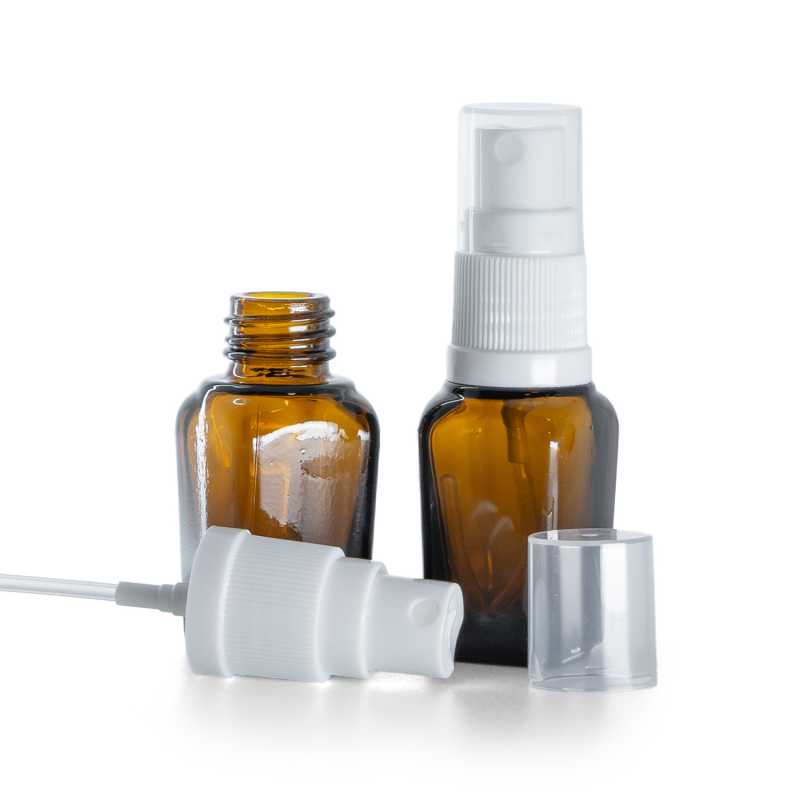 Bottiglia in vetro ambrato quadrata, spruzzatore bianco, 10 ml