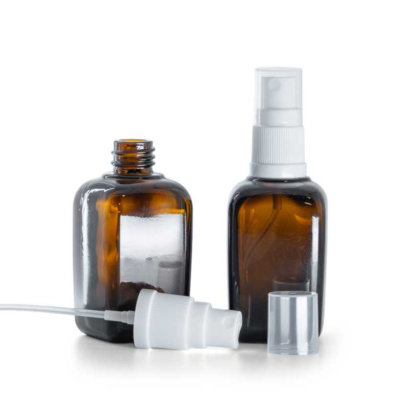 Flacone in vetro ambrato quadrato, spruzzatore bianco, 45 ml