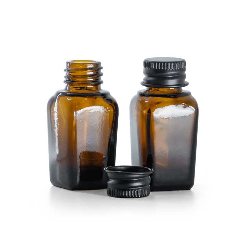 Flacone in vetro, quadrato, ambrato, tappo in alluminio nero, 10 ml