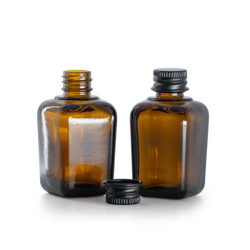 Flacone quadrato in vetro ambrato, tappo in alluminio nero, 30 ml
