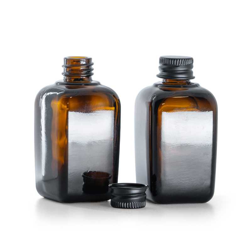 Flacone in vetro ambra, quadrato, tappo in alluminio nero, 45 ml