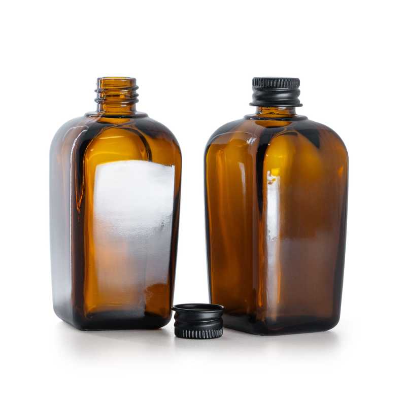 Bottiglia in vetro quadrata, tappo in alluminio nero, 90 ml