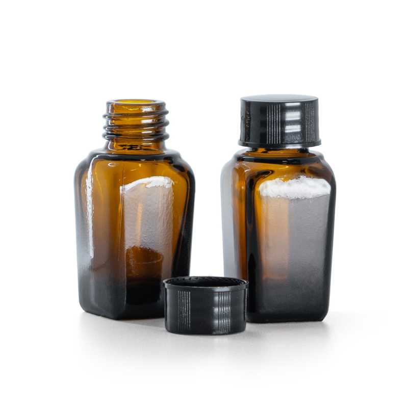 Flacone in vetro ambrato quadrato, tappo nero, 10 ml