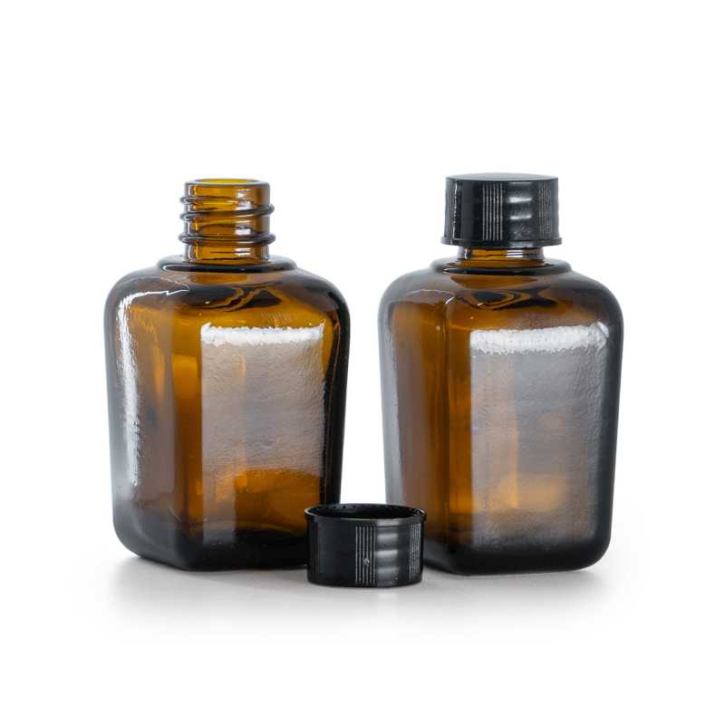 Flacone in vetro, quadrato, ambra, tappo nero, 30 ml