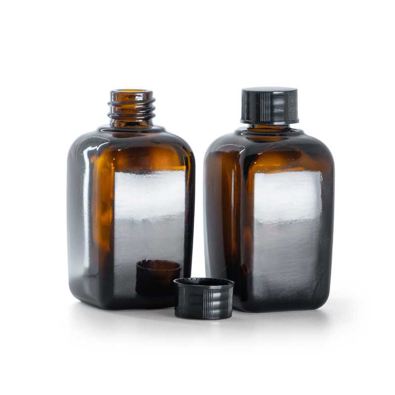 Flacone in vetro, quadrato, ambra, tappo nero, 45 ml