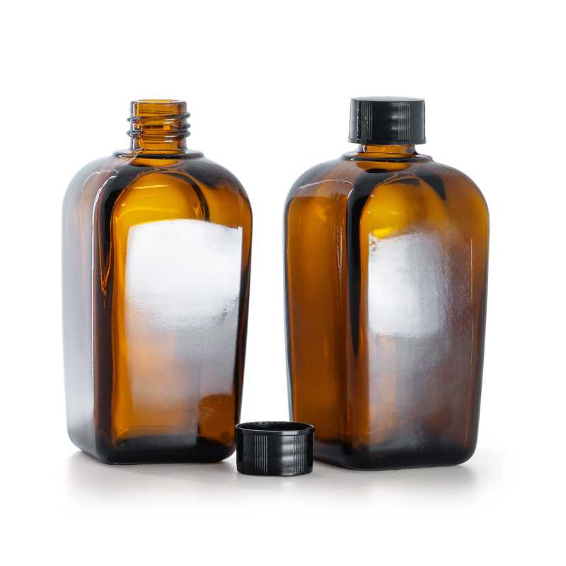 Flacone in vetro ambra quadrato, tappo nero, 90 ml