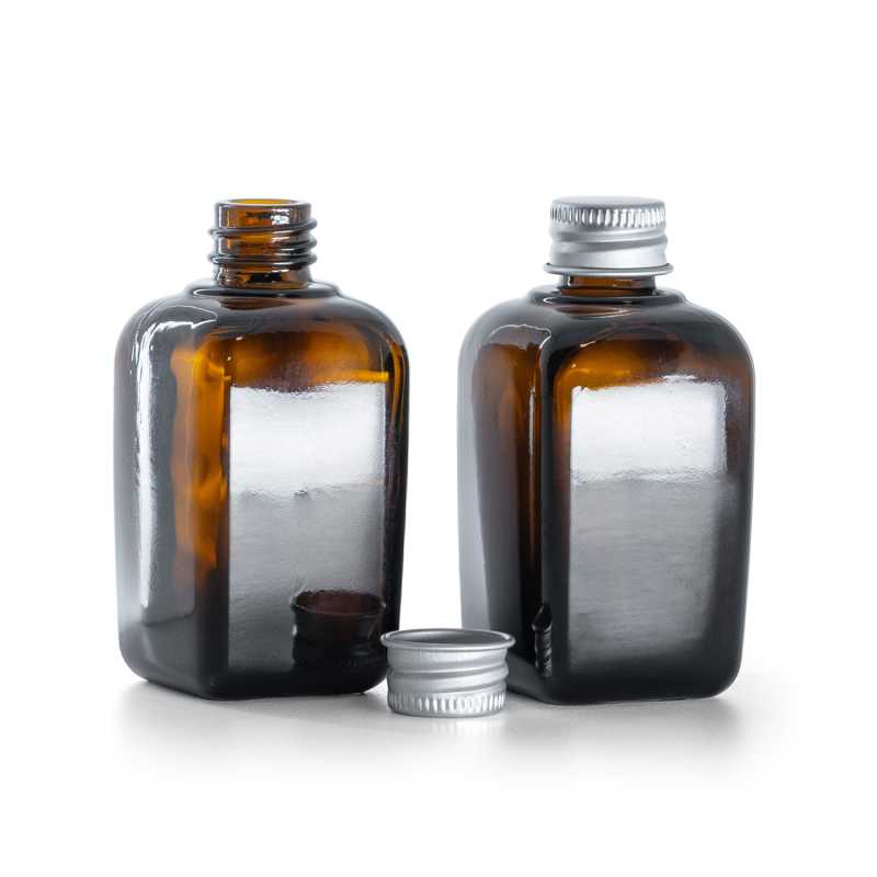Flacone quadrato in vetro ambrato, tappo in alluminio argentato, 45 ml