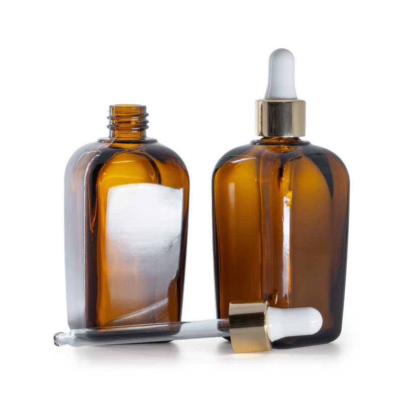 Flacone quadrato in vetro ambrato, contagocce bianco oro, 90 ml
