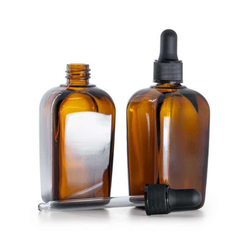 Flacone quadrato in vetro ambrato, pipetta nera opaca, 90 ml