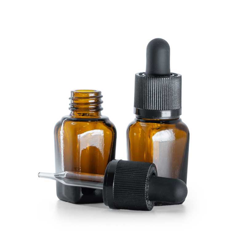 Flacone in vetro ambra quadrato, contagocce di sicurezza antimanomissione nero, 10 ml