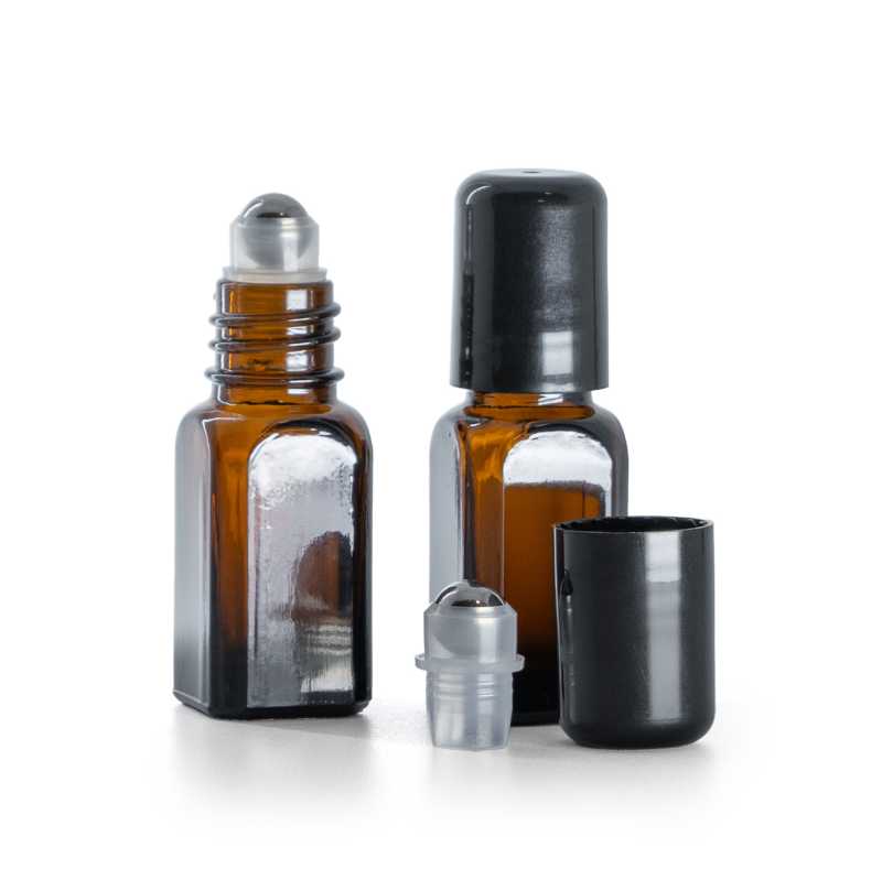Flacone in vetro ambra quadrato con roll-on, 10 ml
