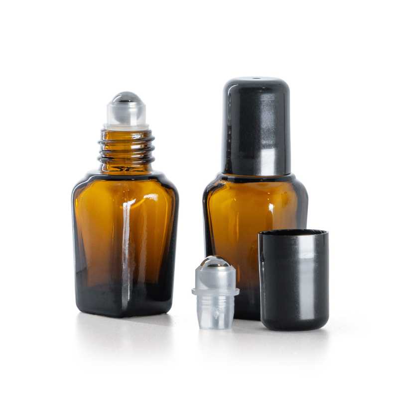 Flacone in vetro ambrato quadrato con roll-on, 10 ml