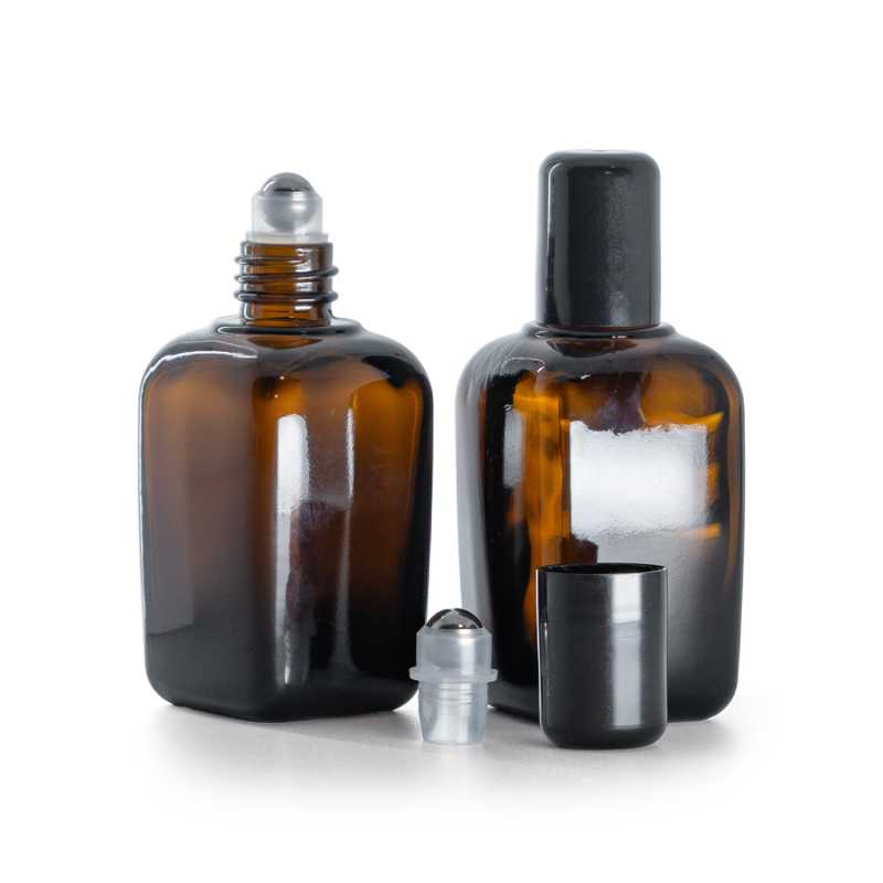 Flacone in vetro ambrato, quadrato, roll-on, 45 ml
