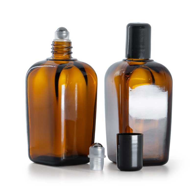 Flacone in vetro quadrato con roll-on, ambra, 90 ml