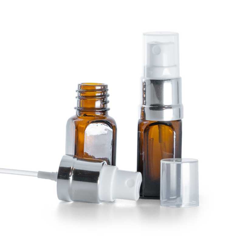 Flacone in vetro ambrato, angolare, spruzzatore bianco argento lucido, 10 ml