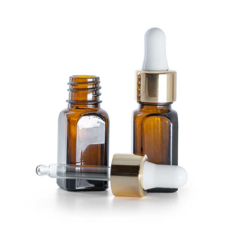 Flacone in vetro ambra angolare, contagocce bianco oro, 10 ml