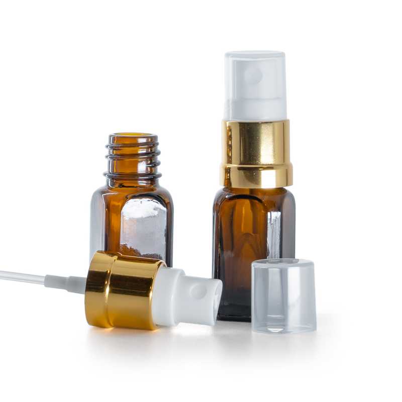 Flacone in vetro ambrato angolare, spruzzatore bianco oro lucido, 10 ml