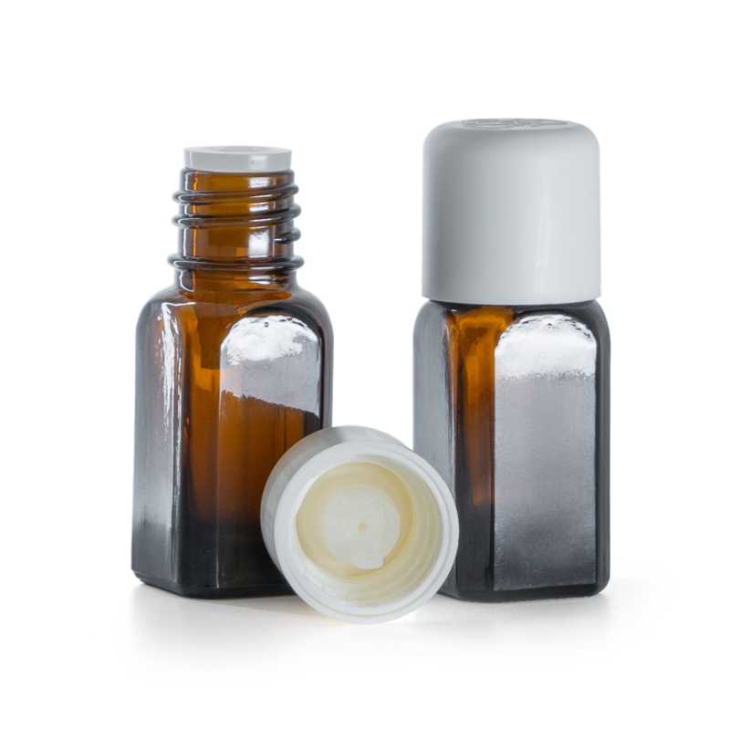 Flacone in vetro ambrato, angolare, con tappo di sicurezza bianco e contagocce, 10 ml