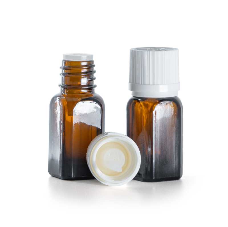 Flacone in vetro ambra, tappo di sicurezza antimanomissione bianco con contagocce, 10 ml