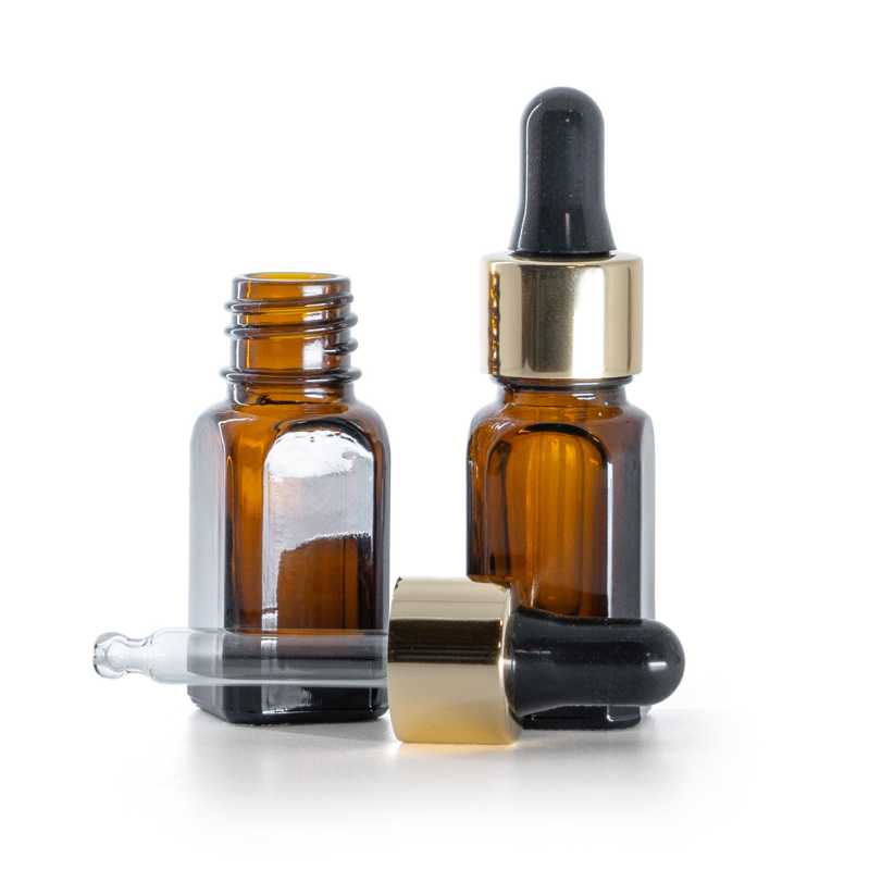 Flacone in vetro ambrato, angolare, contagocce nero e oro, 10 ml