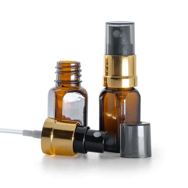 Flaconcino di vetro angolare, spruzzatore nero e dorato, sopra-tappo fumé, 10 ml