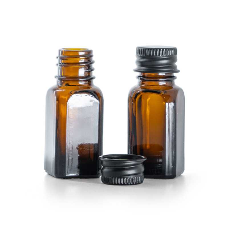 Flacone in vetro ambra angolare, tappo in alluminio nero, 10 ml