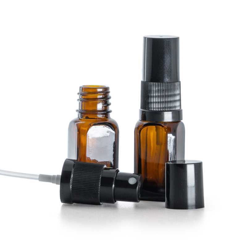 Bottiglia in vetro ambra, angolare, spruzzatore nero, tappo nero, 10 ml