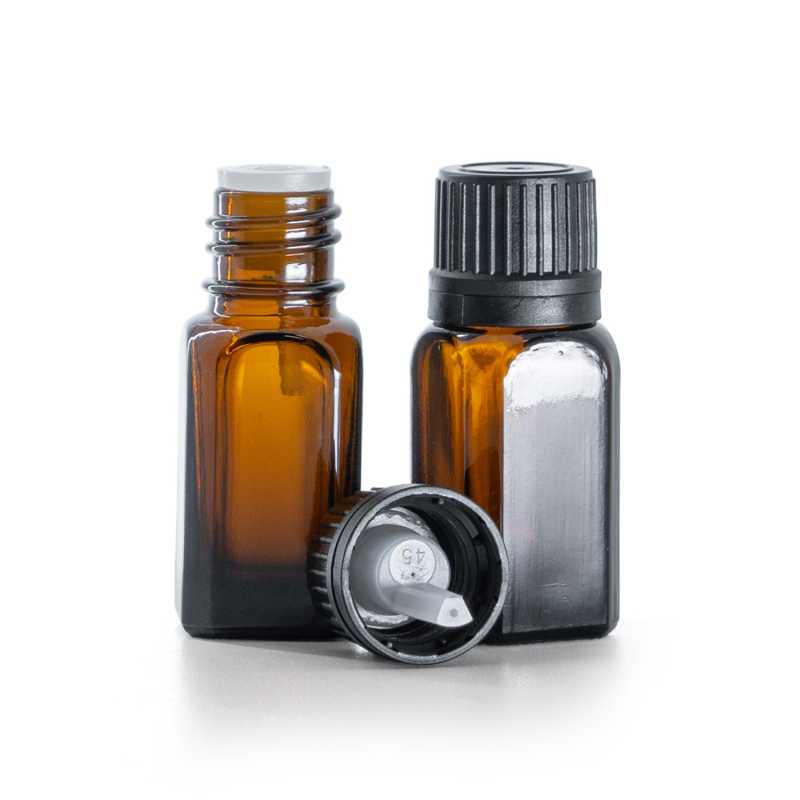 Flaconcino di vetro angolare, ambra, tappo nero con contagocce, 10 ml