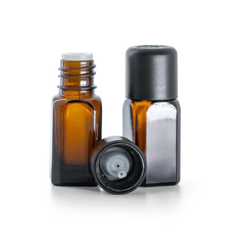 Flacone in vetro ambrato, angolare, tappo di sicurezza antimanomissione nero con contagocce, 10 ml