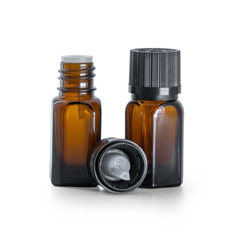Flacone in vetro ambrato con tappo di sicurezza nero e contagocce, 10 ml