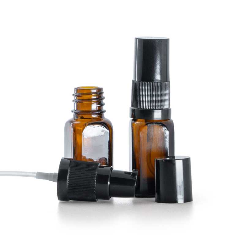 Flacone in vetro, quadrato, dispenser lozione nero con sovratappo nero, 10 ml