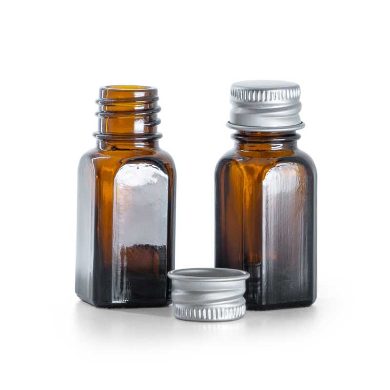 Flacone in vetro ambra angolare, tappo in alluminio argento, 10 ml