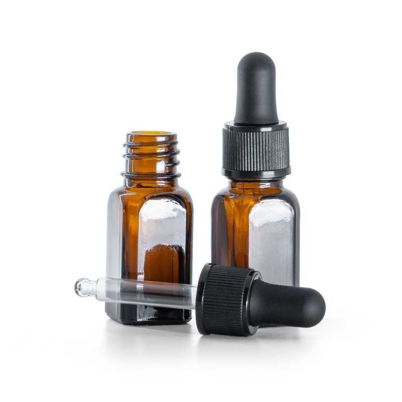 Flacone in vetro ambra angolare, contagocce nero plastico, 10 ml