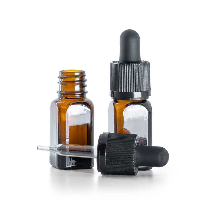 Flacone in vetro ambrato, angolare, contagocce di sicurezza antimanomissione nero, 10 ml