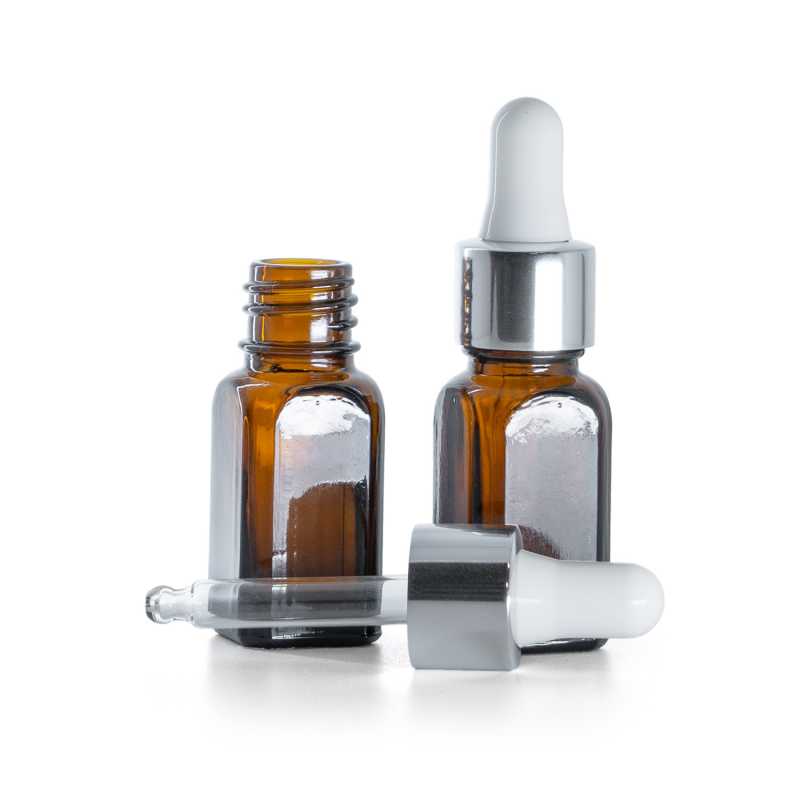 Flacone in vetro ambrato angolare, contagocce bianco argento lucido, 10 ml