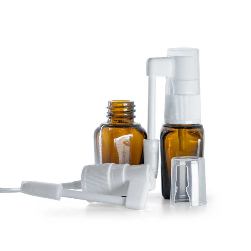 Flacone in vetro, quadrato, spray orale, ambra, 10 ml