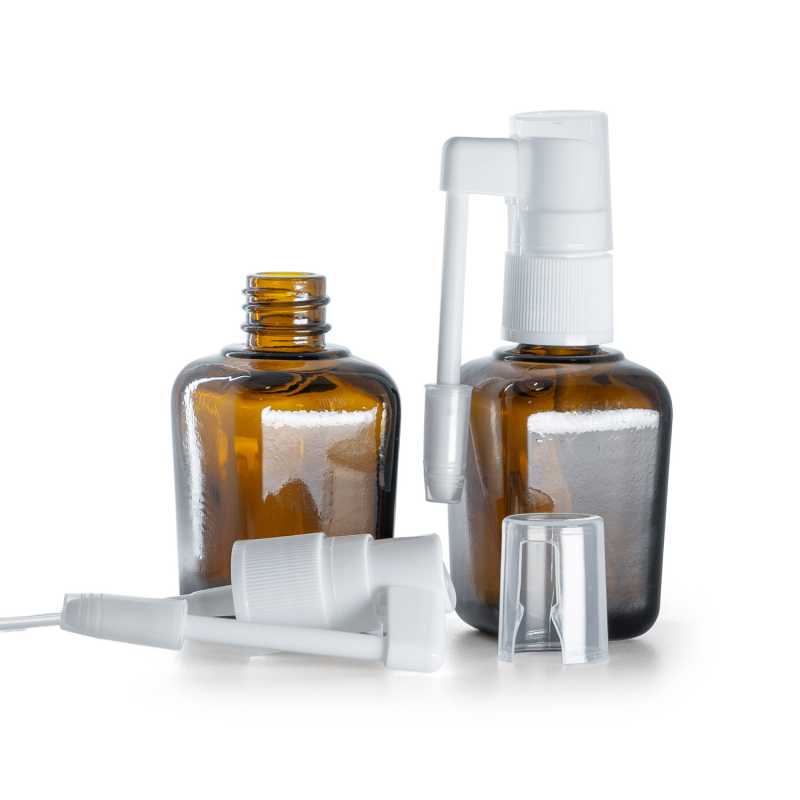 Flacone in vetro ambrato quadrato, spruzzatore orale bianco, 30 ml