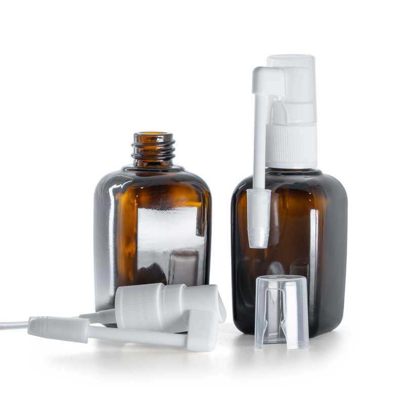 Flacone in vetro ambrato quadrato, spruzzatore orale bianco, 45 ml