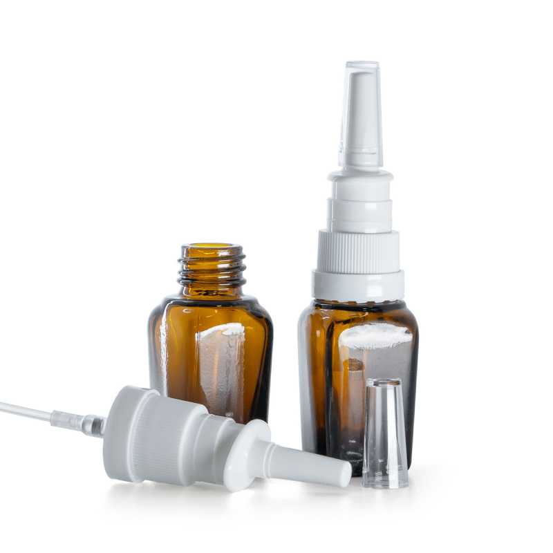 Flacone in vetro ambrato quadrato, spray nasale bianco, 10 ml