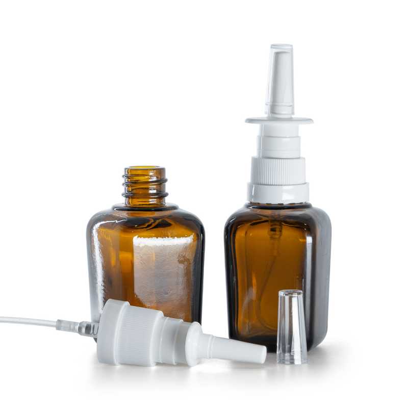 Flacone in vetro ambra, spray nasale bianco, 30 ml