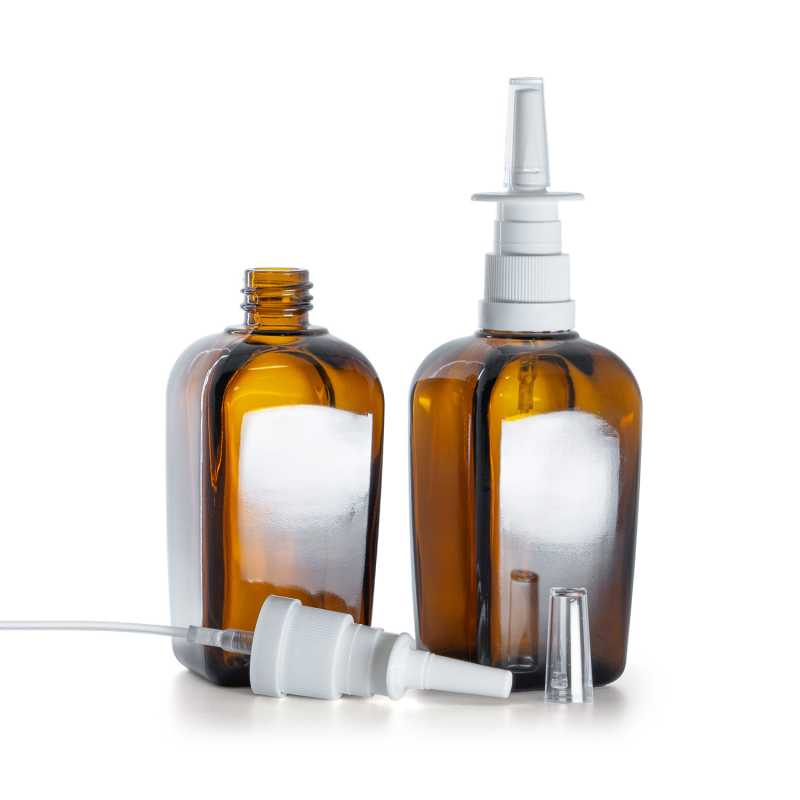Flacone in vetro ambrato quadrato, spruzzatore nasale bianco, 90 ml