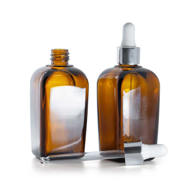 Flacone quadrato in vetro ambra, contagocce argento lucido, 90 ml