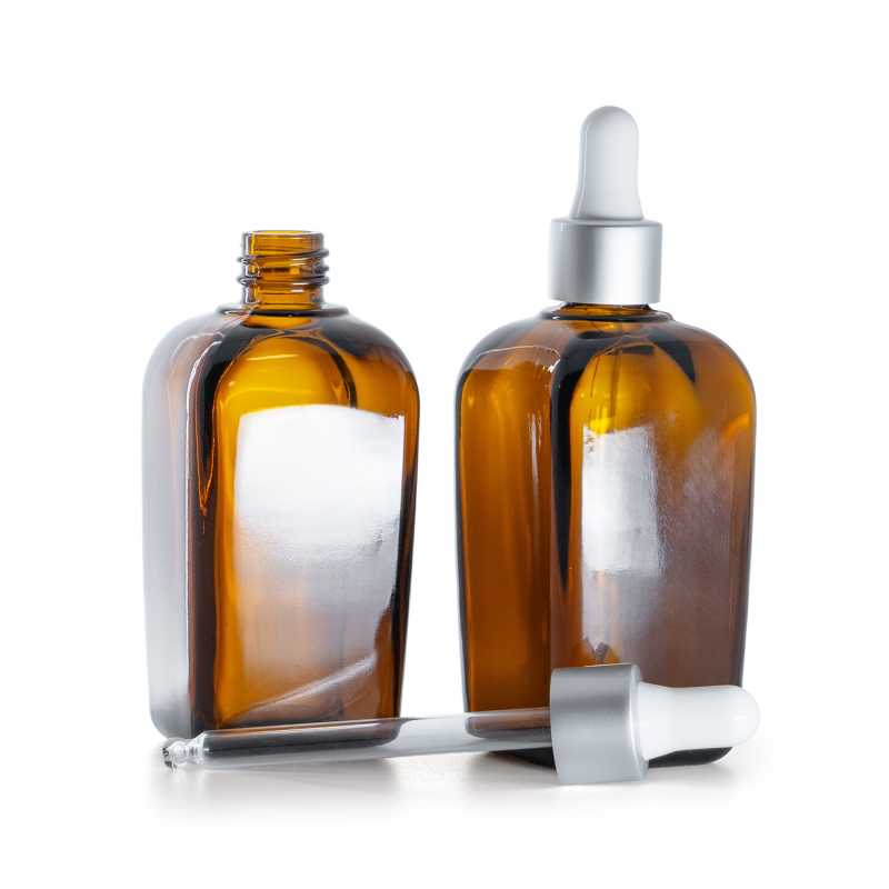 Flacone quadrato in vetro, contagocce argento opaco, 90 ml